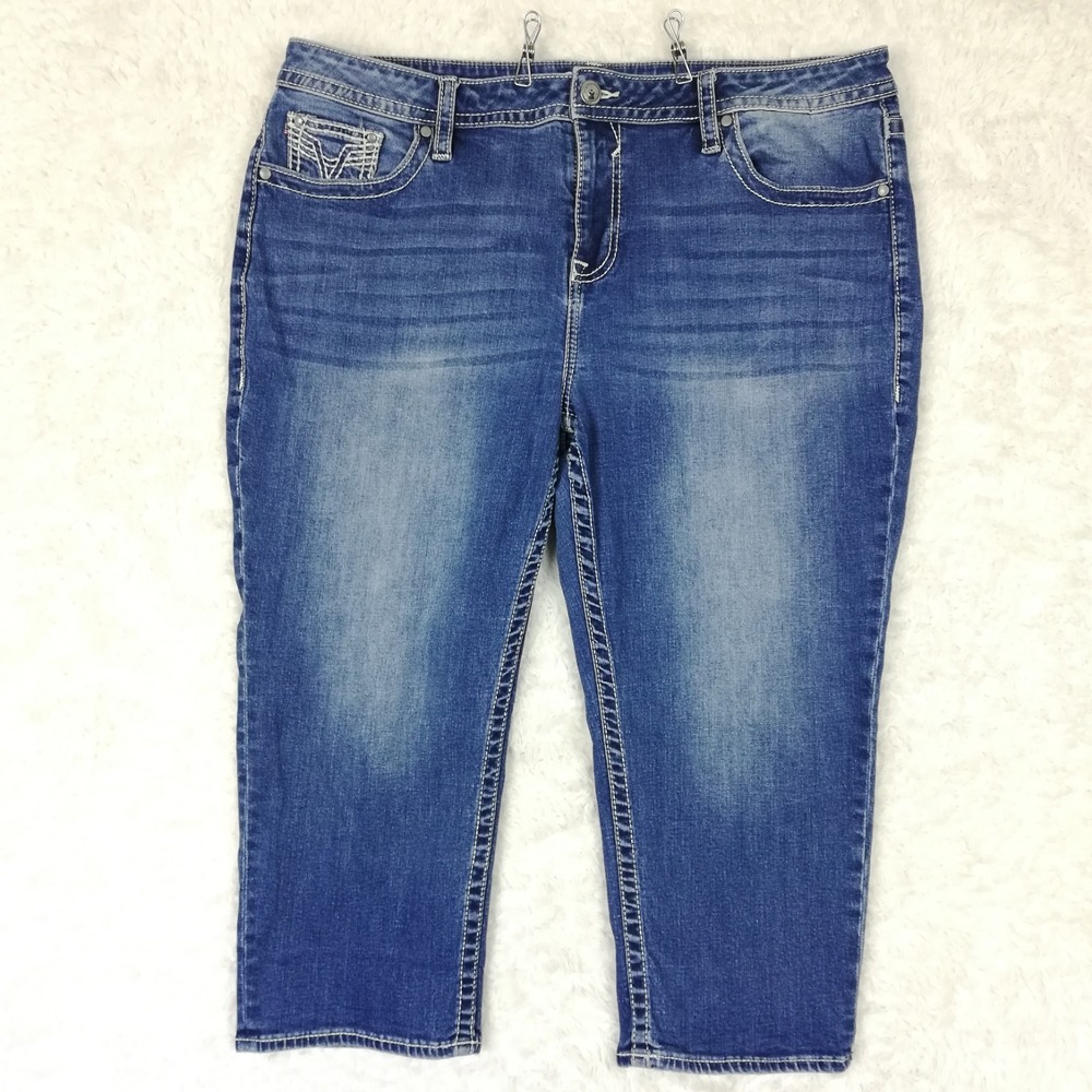 Vigoss Jeans Womens Capri Blue Denim Flap Pocket Indigo Wash Whiskering Plus 22